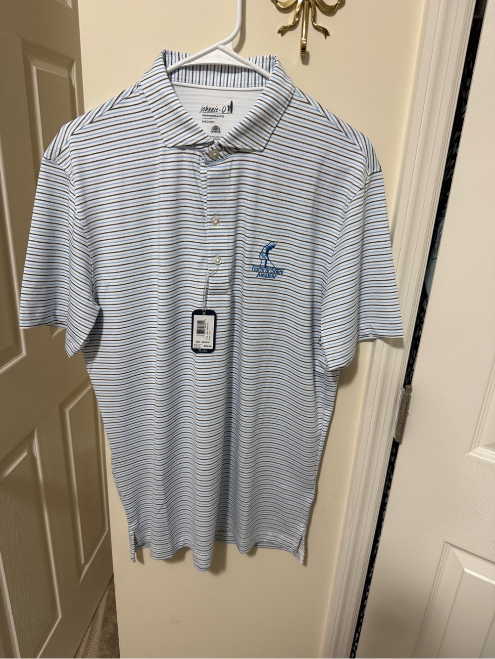 johnnie-O Blue & White Striped Polo with Pinehurst North & South Logo